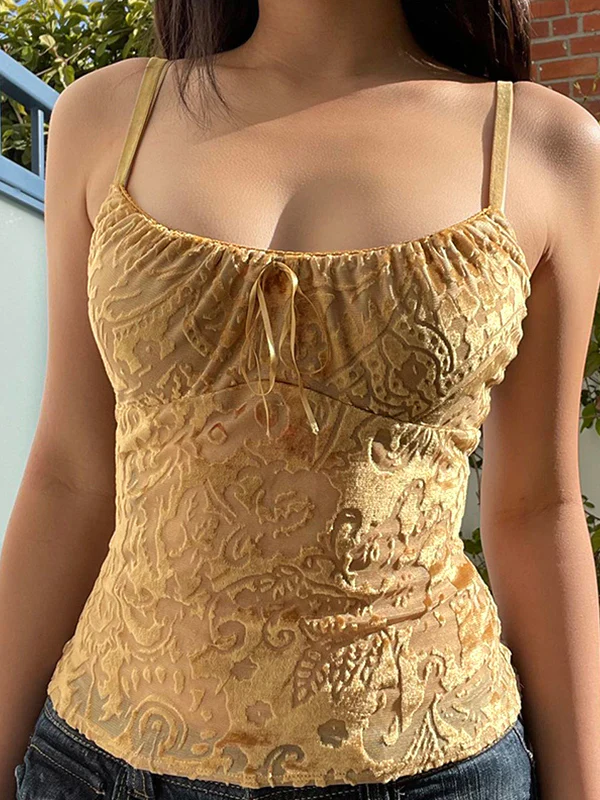 Velvet Floral Jacquard Bow Decor Cami Top - Image 6