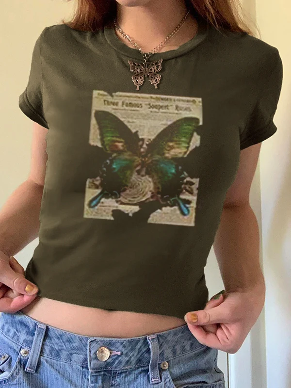 Vintage Brown Butterfly Print Short Sleeve Tee - Image 13