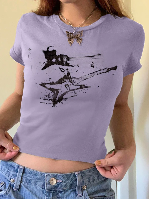 Vintage Brown Guitar Print Short Sleeve Tee - Image 12