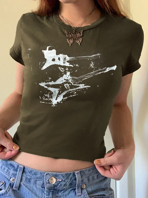 Vintage Brown Guitar Print Short Sleeve Tee - Image 14