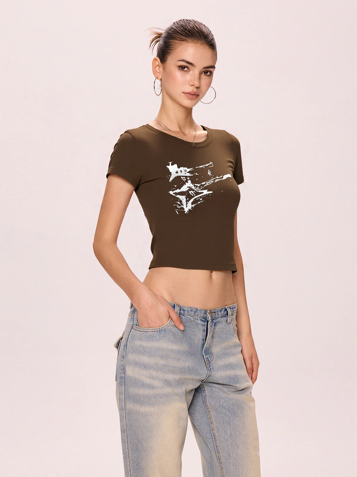 Vintage Brown Guitar Print Short Sleeve Tee - Image 4
