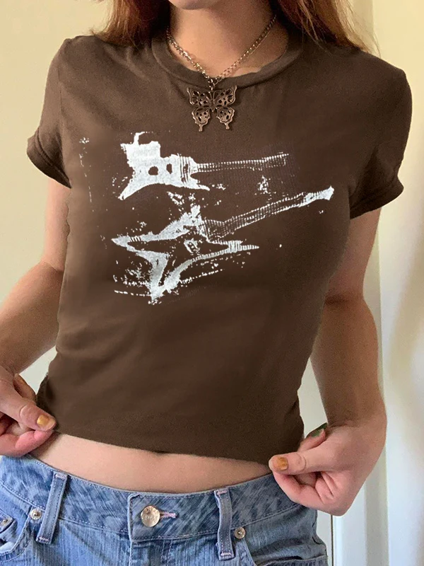 Vintage Brown Guitar Print Short Sleeve Tee - Image 6