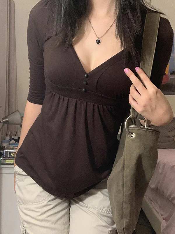 Vintage Brown V Neck Short Sleeve Tee - Image 7
