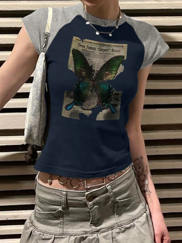 Vintage Butterfly Print Raglan Short Sleeve Tee - Image 12