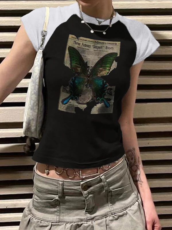 Vintage Butterfly Print Raglan Short Sleeve Tee - Image 13