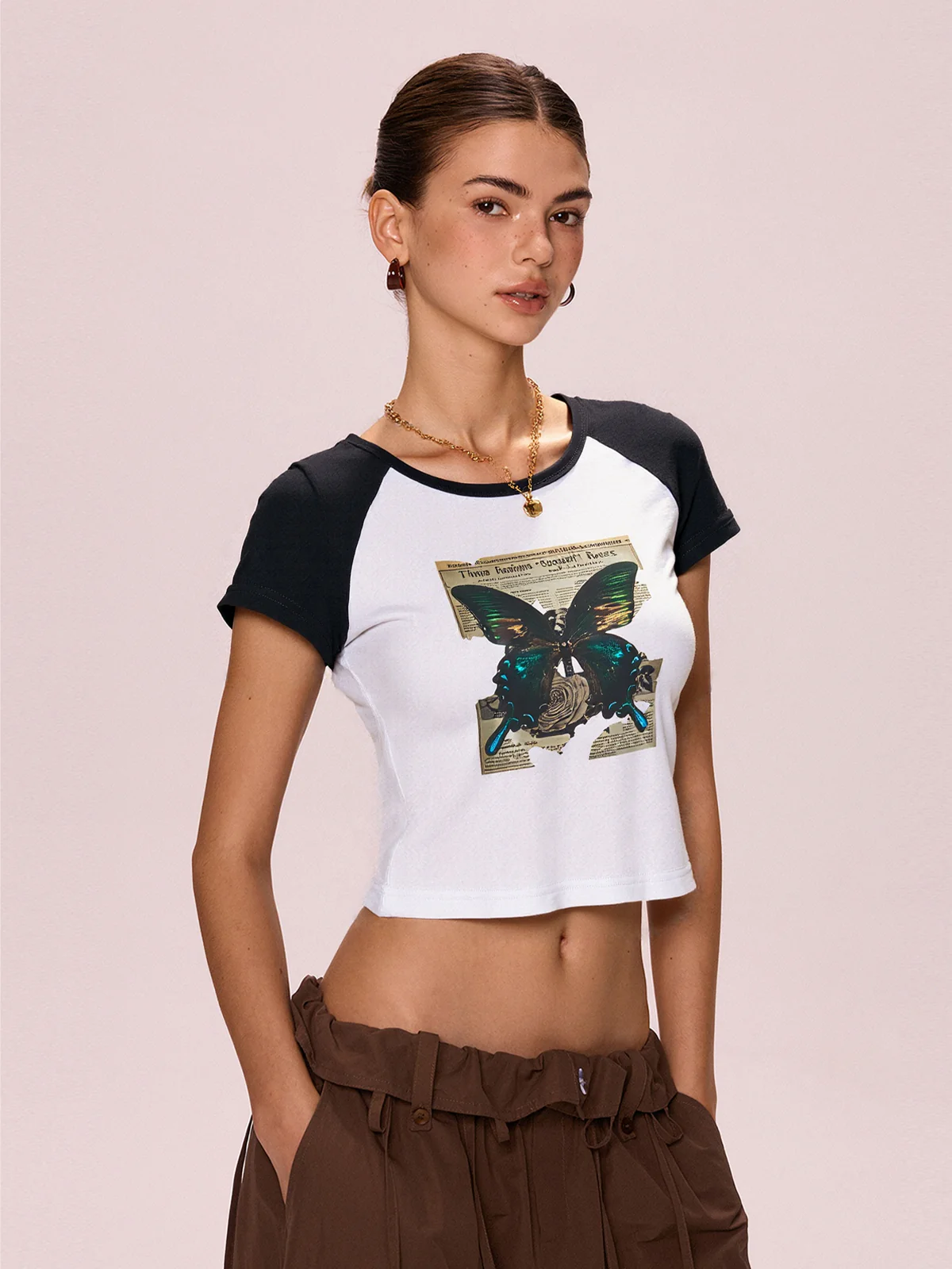 Vintage Butterfly Print Raglan Short Sleeve Tee - Image 3