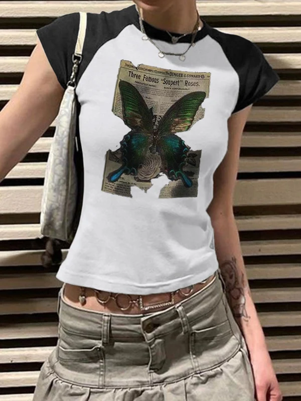 Vintage Butterfly Print Raglan Short Sleeve Tee - Image 6