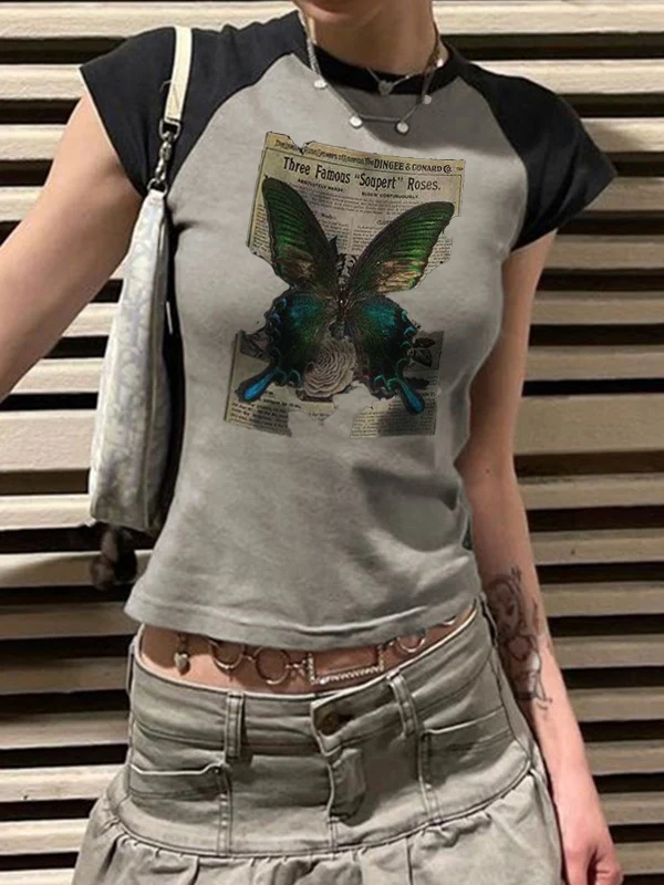 Vintage Butterfly Print Raglan Short Sleeve Tee - Image 9