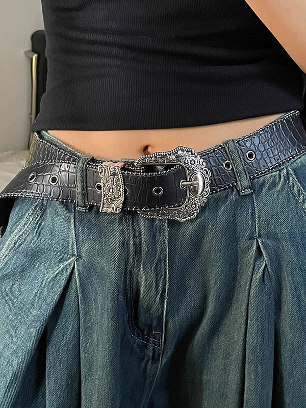 Vintage Engraved Crocodile Pattern Design Buckle Belt - Image 3
