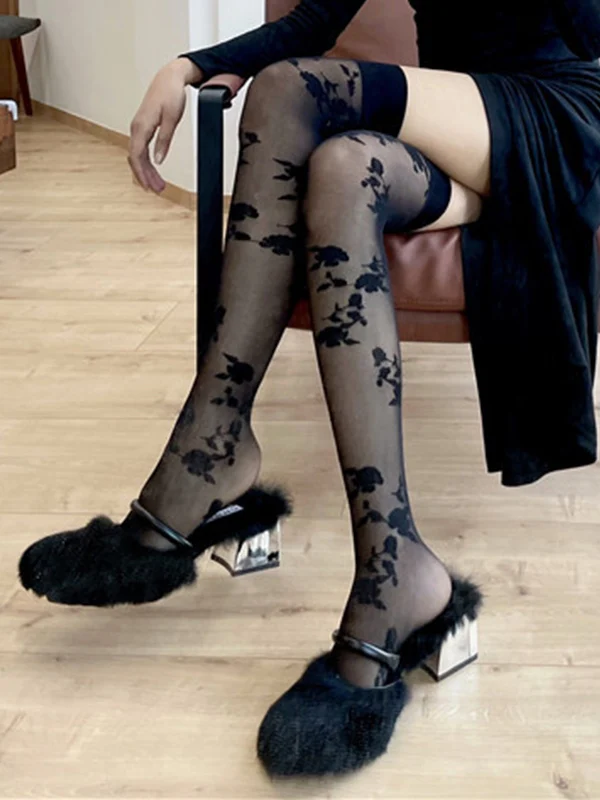 Vintage Floral Sheer Mesh Thigh High Socks - Image 4