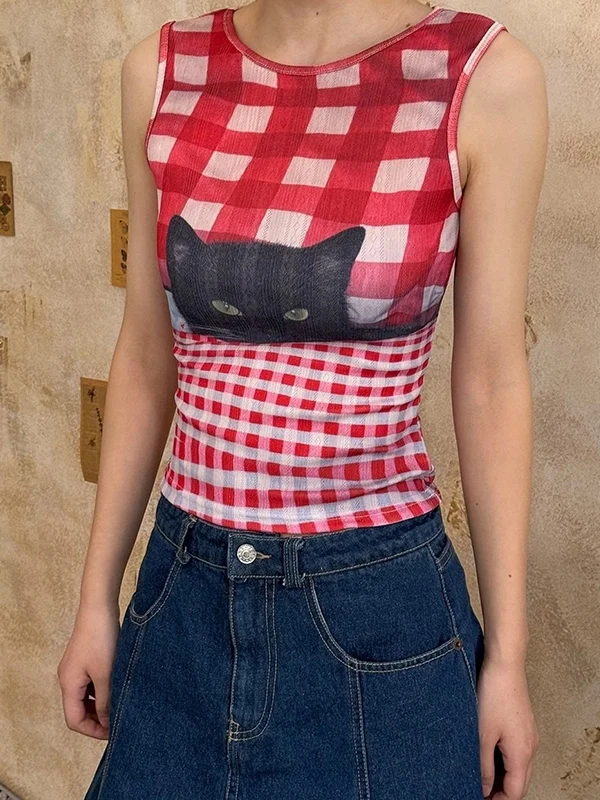 Vintage French Y2K Millennial Hot Girl Red Plaid Black Cat Print Slim-Fit Tank Top - Image 2