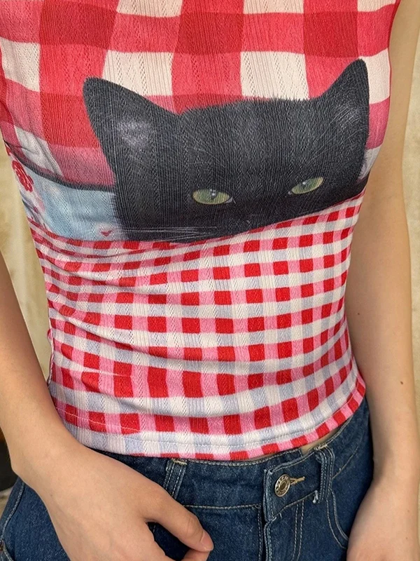 Vintage French Y2K Millennial Hot Girl Red Plaid Black Cat Print Slim-Fit Tank Top - Image 3