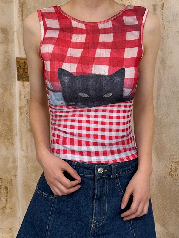 Vintage French Y2K Millennial Hot Girl Red Plaid Black Cat Print Slim-Fit Tank Top - Image 4