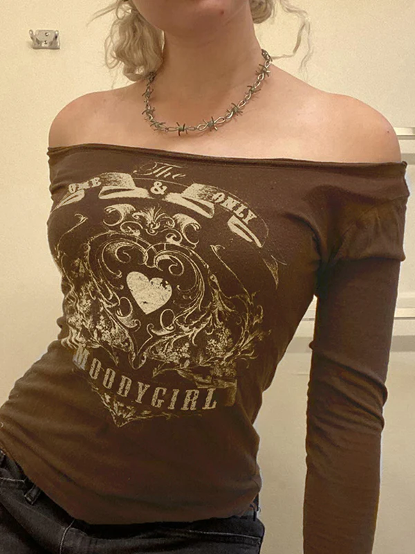 Vintage Heart Print Off Shoulder Long Sleeve Tee - Image 11
