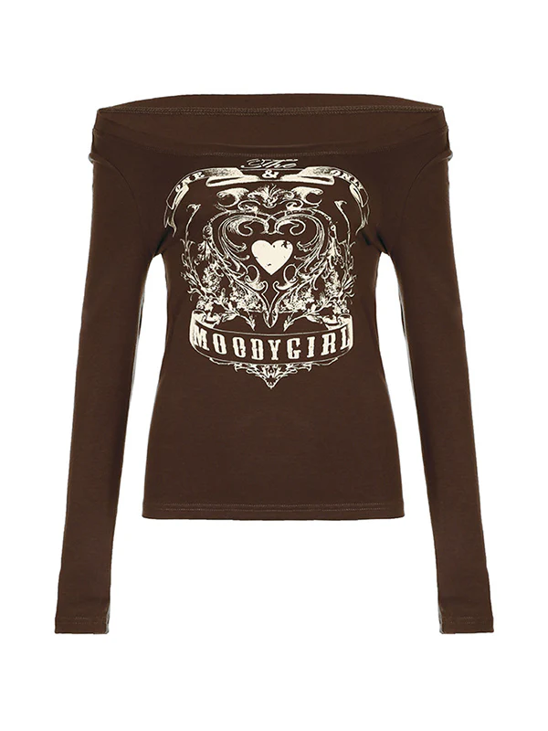 Vintage Heart Print Off Shoulder Long Sleeve Tee - Image 14