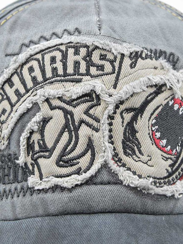 Vintage Shark Embroidered Distressed Baseball Cap - Image 12