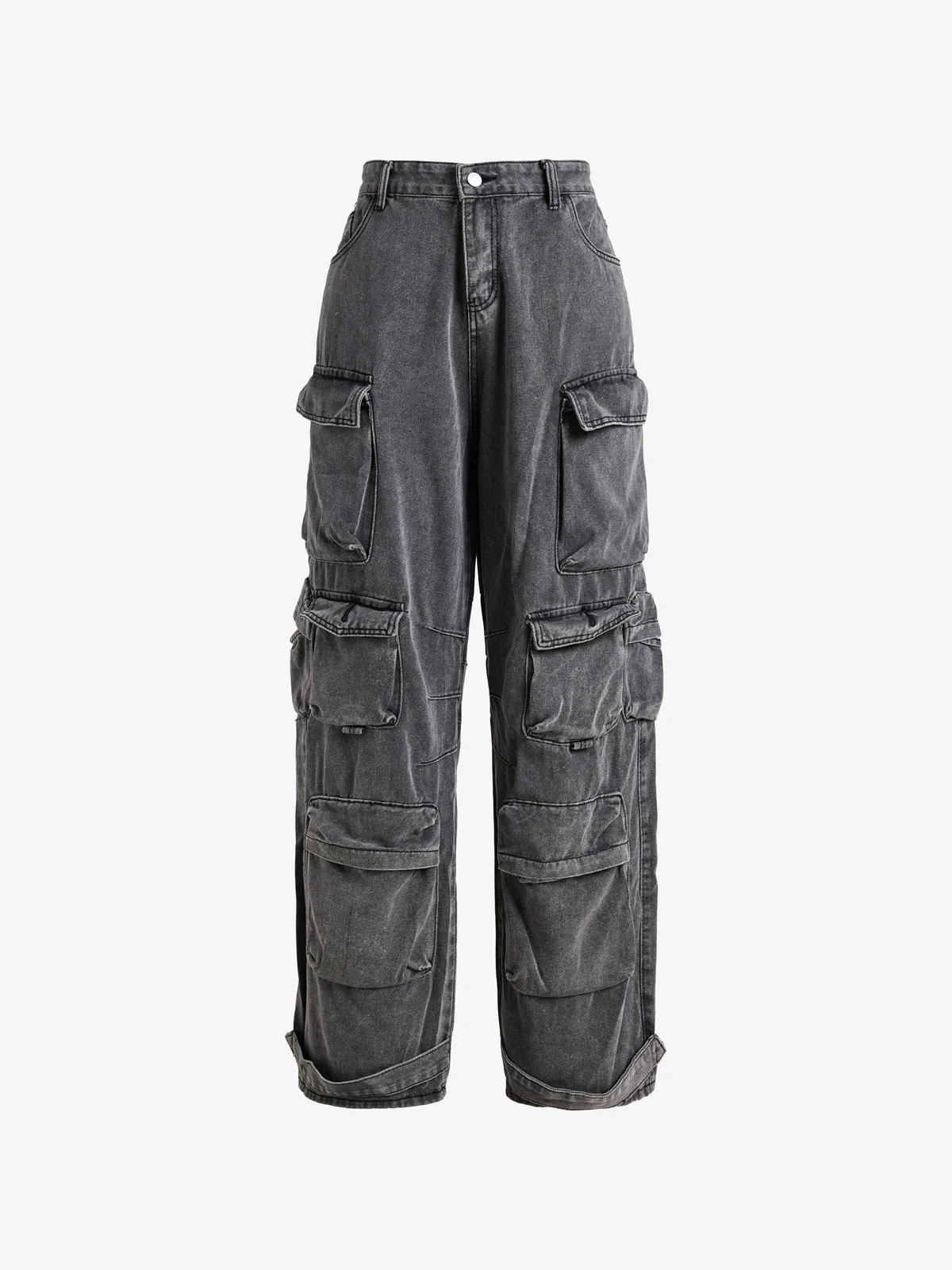 Washed Distressed Gray Multi Pocket Splice Cargo Jeans - Image 2