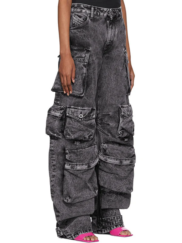 Washed Distressed Gray Multi Pocket Splice Cargo Jeans - Image 3