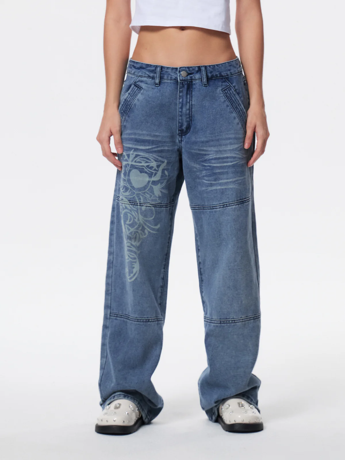 Washed Heart Pattern Cargo Jeans