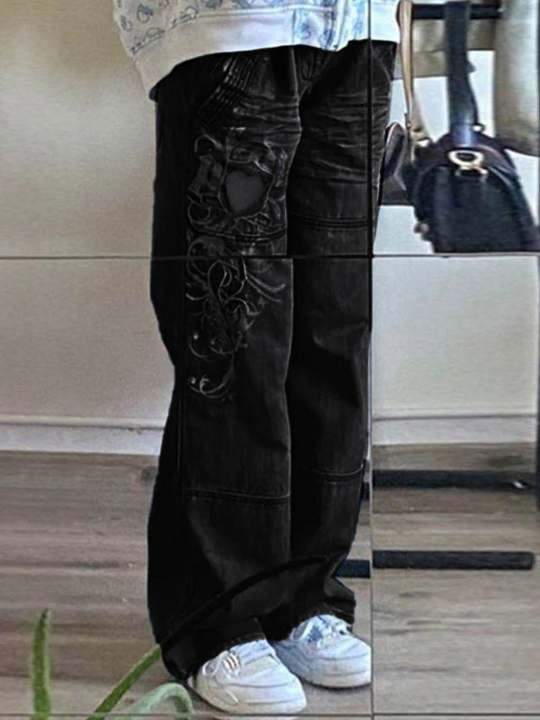 Washed Heart Pattern Cargo Jeans - Image 13