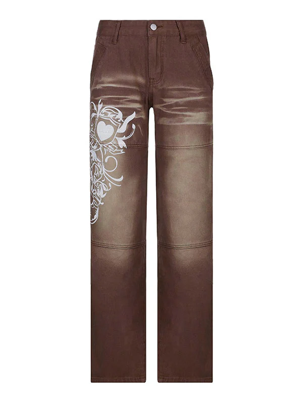 Washed Heart Pattern Cargo Jeans - Image 14