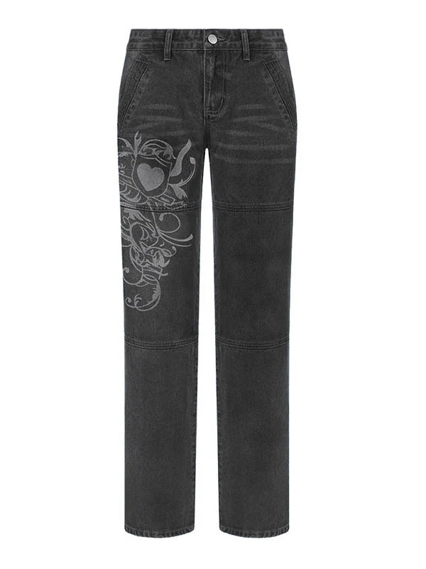 Washed Heart Pattern Cargo Jeans - Image 17