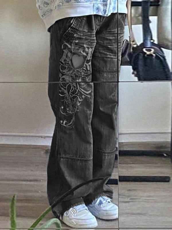 Washed Heart Pattern Cargo Jeans - Image 19