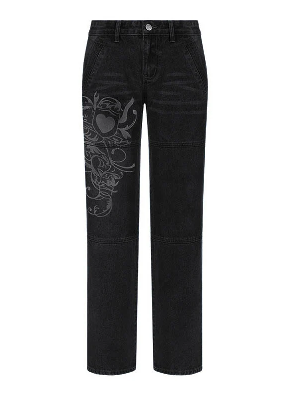 Washed Heart Pattern Cargo Jeans - Image 9