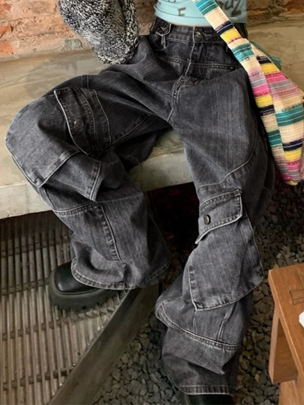 Washed Irregular Pocket Splice Cargo Jeans - Image 6