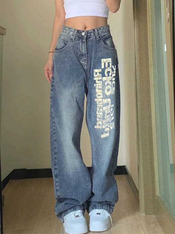 Washed Letter Print High Waist Boyfriend Jeans - Image 7