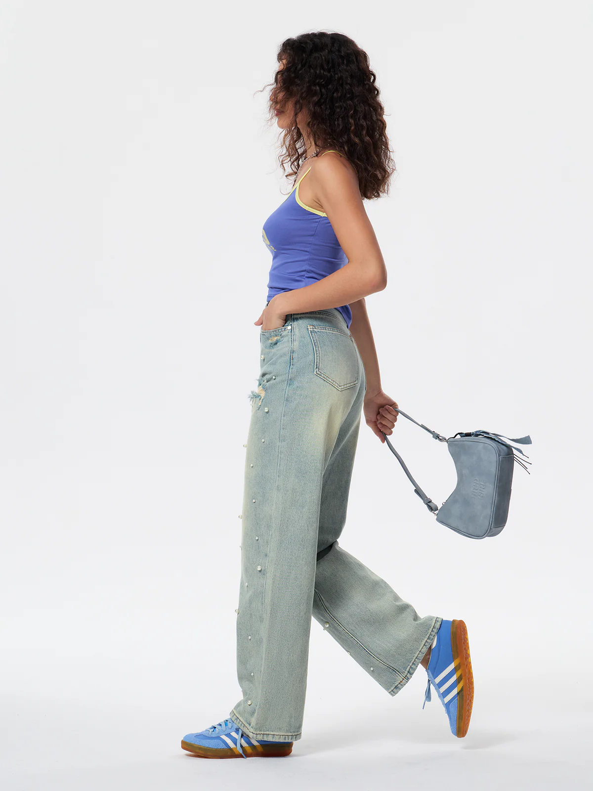 Women's Heavy Beaded Light-Colored Denim Straight Leg Pants - Image 3