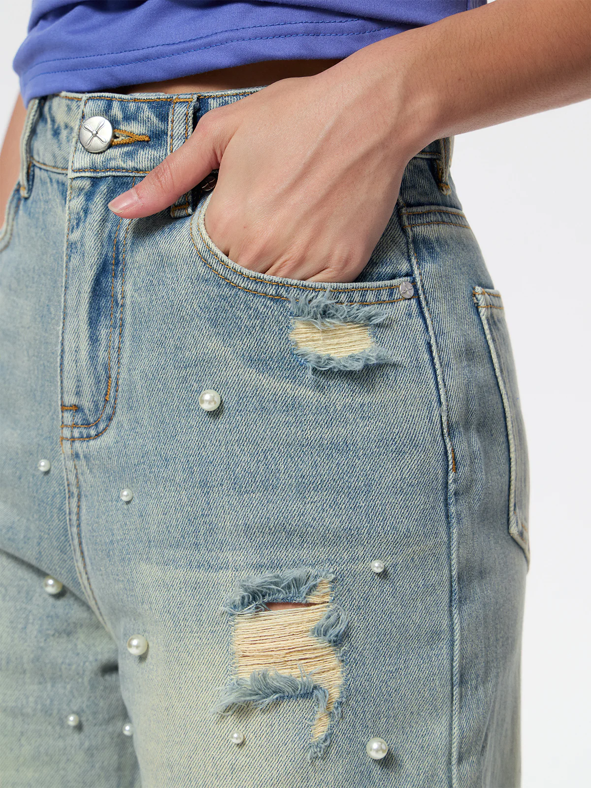 Women's Heavy Beaded Light-Colored Denim Straight Leg Pants - Image 6